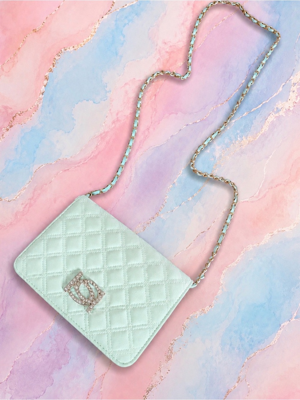 Quilted Mint Crossbody Bag with Chain Strap